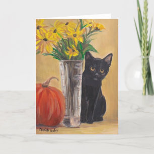 Fall Black Kitty Pumpkin Cat Art Greeting Card
