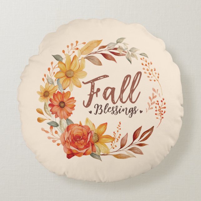 Fall Blessings – Autumn Leaves & Floral Wreath Round Cushion (Front)