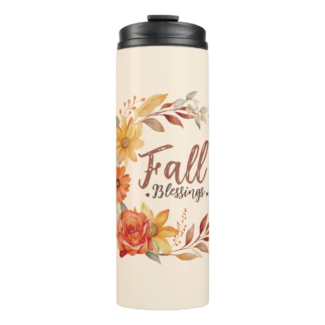 Fall Blessings – Autumn Leaves & Floral Wreath Thermal Tumbler (Front)