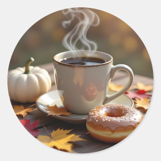 Fall Blessings, Warm Coffee and a Doughnut Classic Round Sticker (Front)