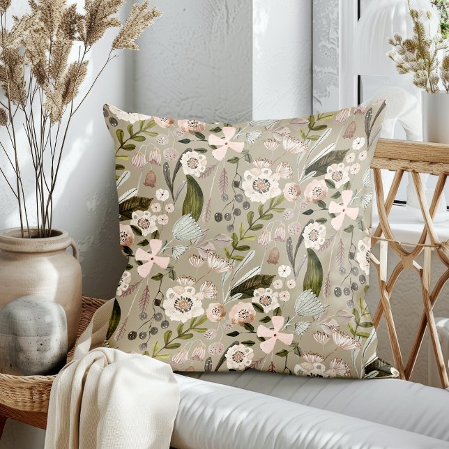 Fall Blooms Vanilla Taupe Throw Pillow (Creator Uploaded)