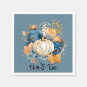 Fall Blue and Orange Pumpkin Peony Wedding Napkin