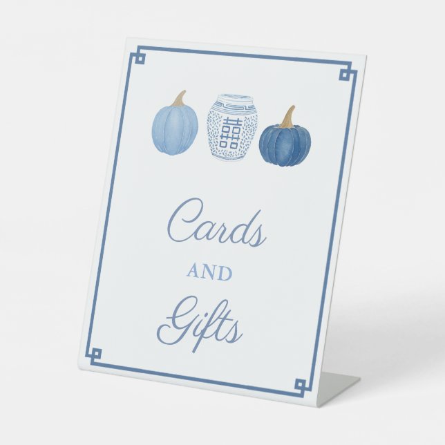 Fall Blue And White Pumpkins Cards Gifts Shower Pedestal Sign (Front)