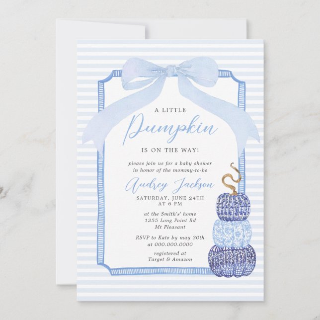 Fall Blue Chinoiserie Blue Pumpkin Baby Shower Inv Invitation (Front)