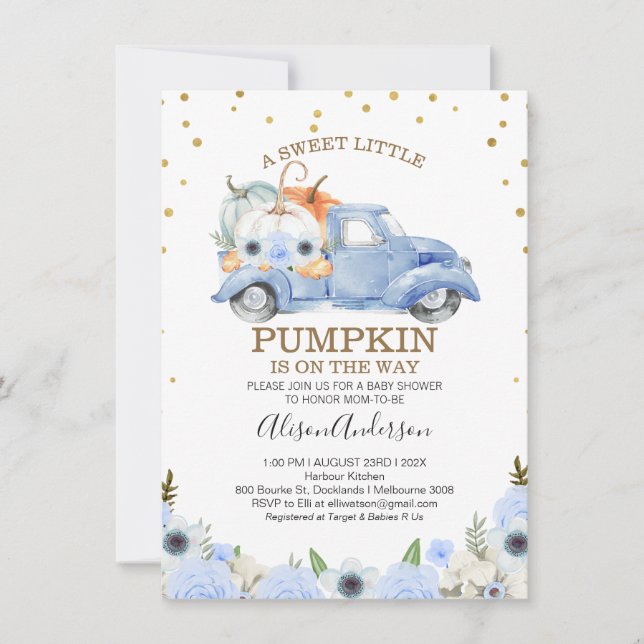 Fall Blue Floral Pumpkin Truck Baby Shower Invitation (Front)
