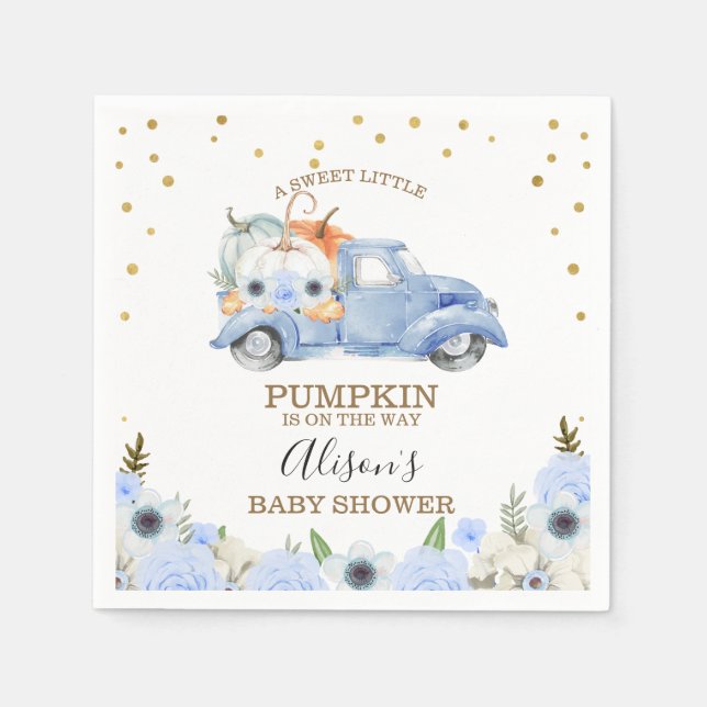 Fall Blue Floral Pumpkin Truck Baby Shower Napkin (Front)