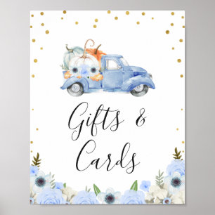 Fall Blue Floral Pumpkin Truck Baby Shower Sign