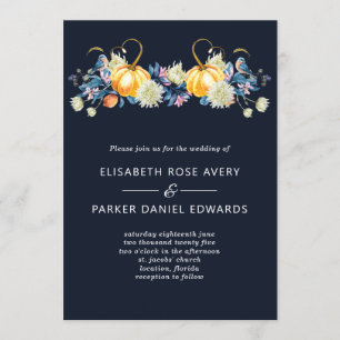 Fall Blue Floral Pumpkin Wedding Invitation