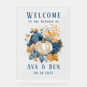 Fall Blue Orange Pumpkin Wedding Welcome Sign