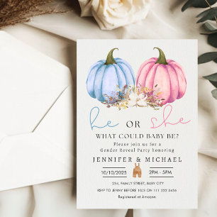 Fall Blue Pink Pumpkin Gender Reveal Party Invitation