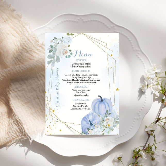 Fall Blue Pumpkin Boy Baby shower Party Menu Card (Creator Uploaded)