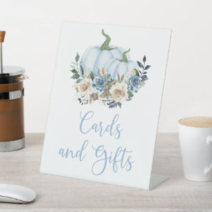 Fall Blue Pumpkin Boy Shower Cards and Gifts Pedes Pedestal Sign