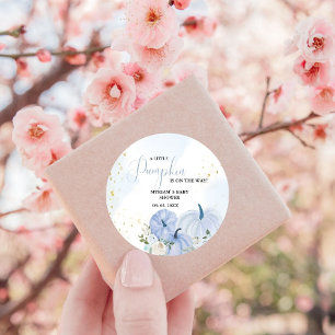 Fall Blue Pumpkin Floral Boy Baby shower Classic Round Sticker