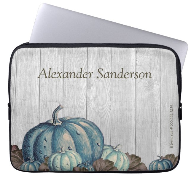  Fall Blue Pumpkin Rustic Cute Grey Wood  Bath Mat Laptop Sleeve (Front)