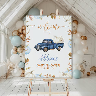 Fall Blue Pumpkin Truck Baby Shower Welcome Sign