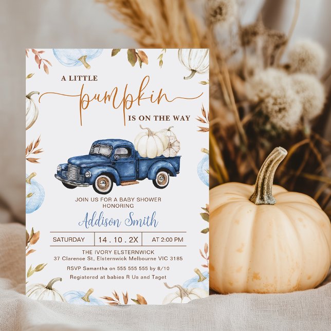 Fall Blue Pumpkin Truck Little Pumpkin Baby Shower Invitation (Boys Little Pumpkin Baby Shower Invitation Template, Fall Blue Pumpkin Truck baby Shower Invite)