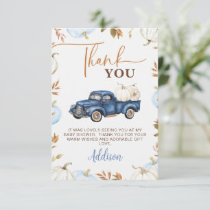 Fall Blue Pumpkin Truck Little Pumpkin Baby Shower Thank You Card