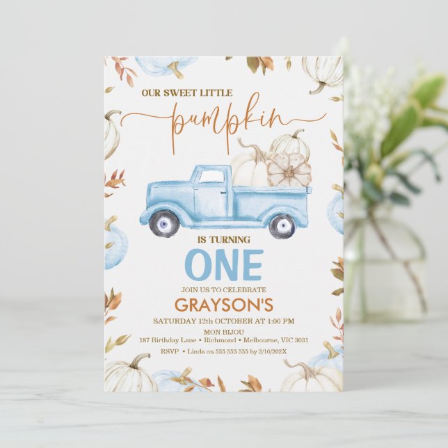 Fall Blue Pumpkin Truck Little Pumpkin Birthday Invitation (Standing Front)