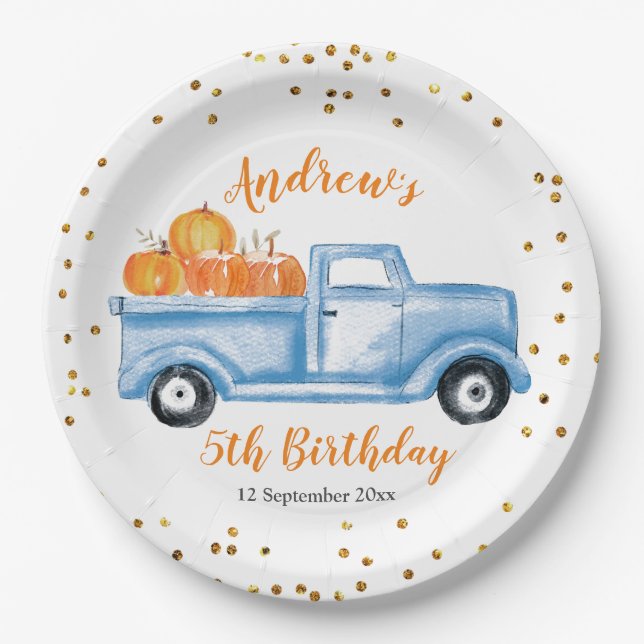 fall blue pumpkin truck paper plate (Front)