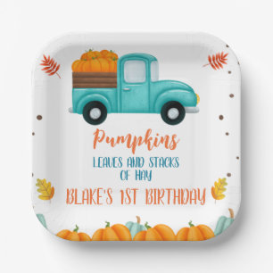 Fall Blue Truck Orange Pumpkin Boys Birthday Paper Plate