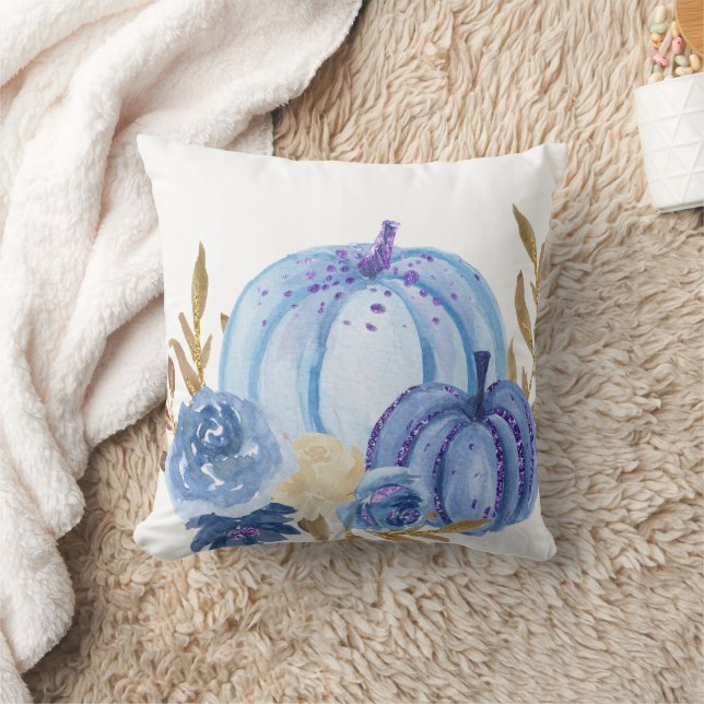 Fall blue Watercolor Pumpkins Throw Pillow (Blanket)