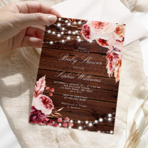 Fall Bohemian Rose Rustic Wood Baby Shower Invitation