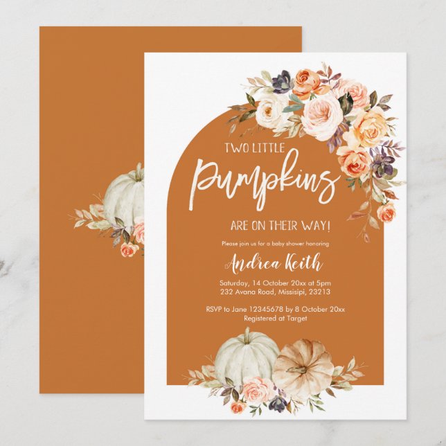 Fall Boho Arch Pumpkin Floral TWINS baby shower Invitation (Front/Back)