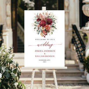 Fall Boho Burgundy Flowers Marsala Greenery Welcom Poster