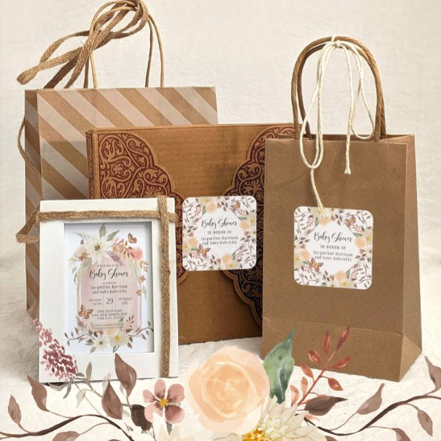 Fall BOHO Floral Autumn Butterfly Baby Shower Square Sticker (Creator Uploaded)