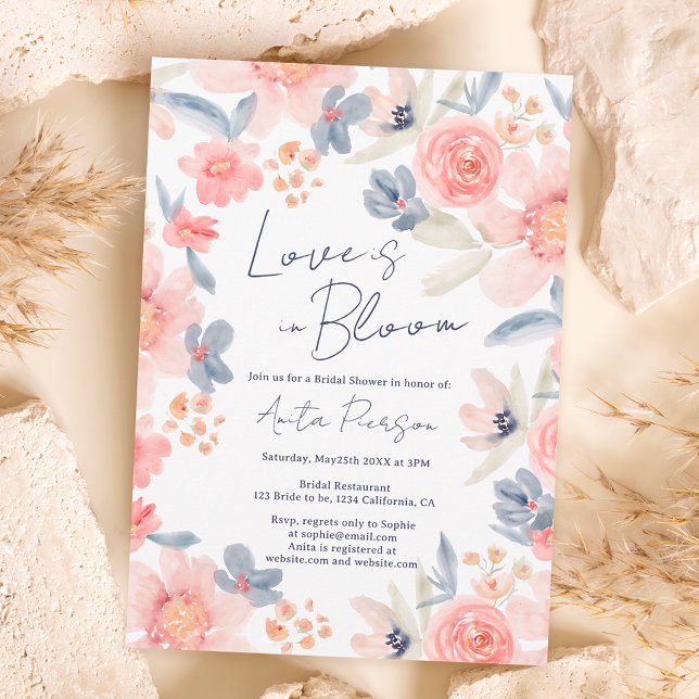 Fall boho floral pink blue elegant bridal shower invitation (Creator Uploaded)