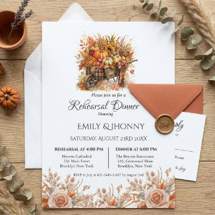Fall Boho Floral  Pumpkin Bow Rehearsal Dinner Invitation