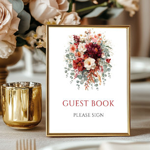 Fall Boho Marsala Floral Guest Book Tabletop Sign
