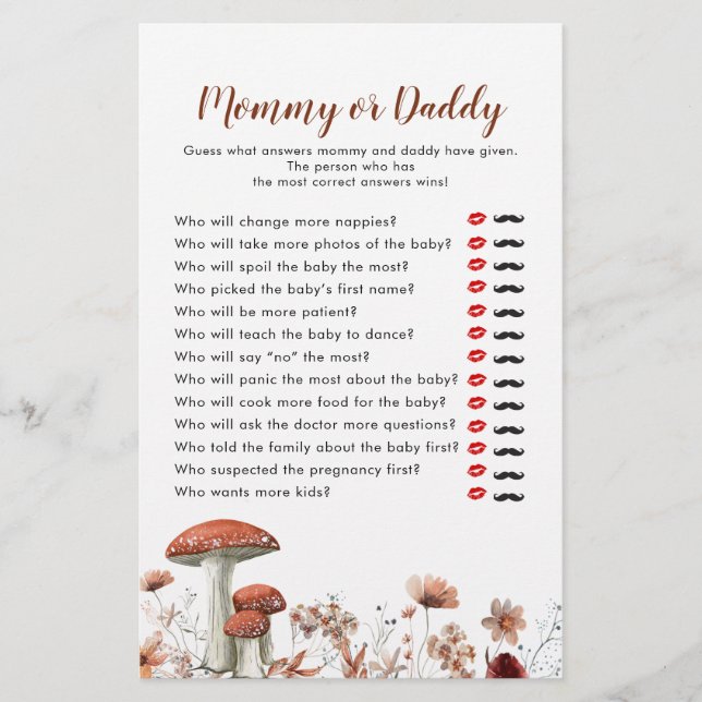 Fall Boho Mushroom Floral Mummy or Daddy Games (Front)