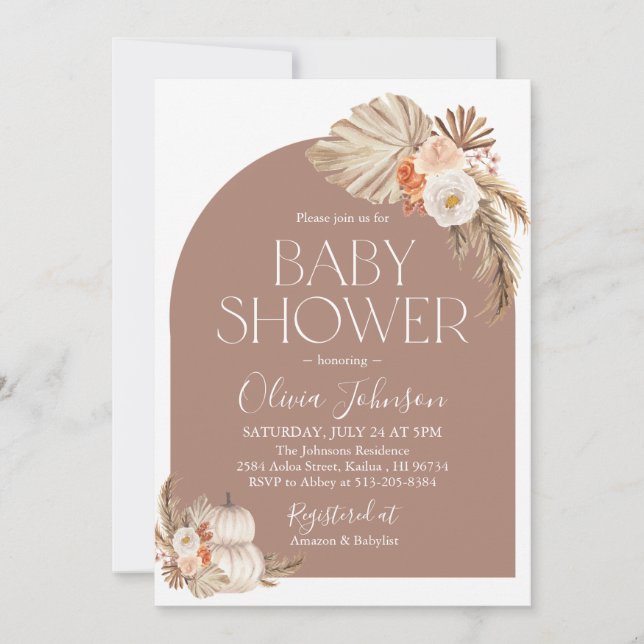 Fall Boho Pampas Grass Pumpkin Baby Shower Invite (Front)