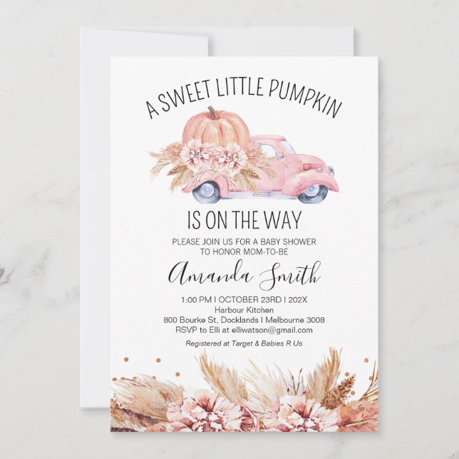 Fall Boho Pink Floral Pumpkin Truck Baby Shower  Invitation (Front)