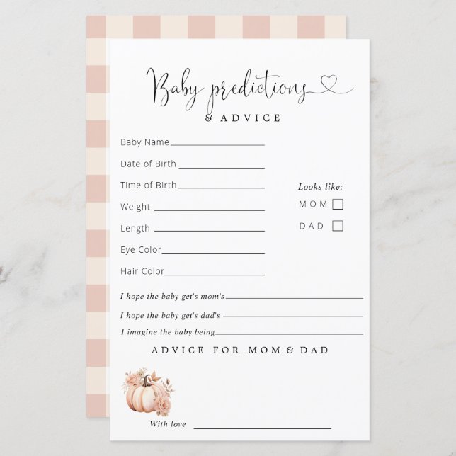 Fall Boho Pumpkin Baby Shower Predictions Advice (Front/Back)