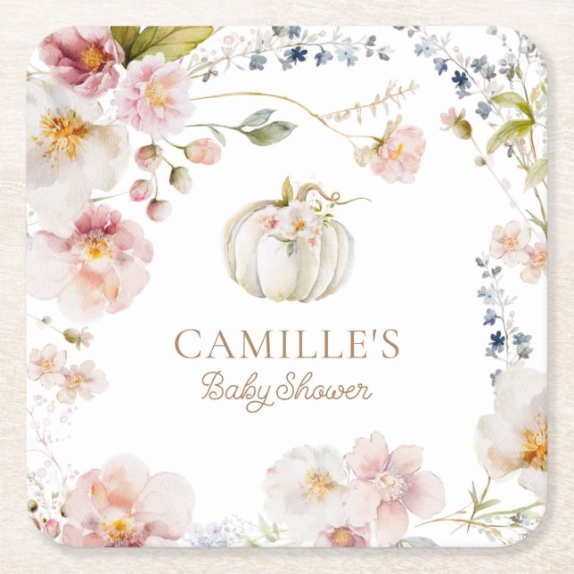 Fall Boho Pumpkin Baby Shower Square Paper Coaster (Front)