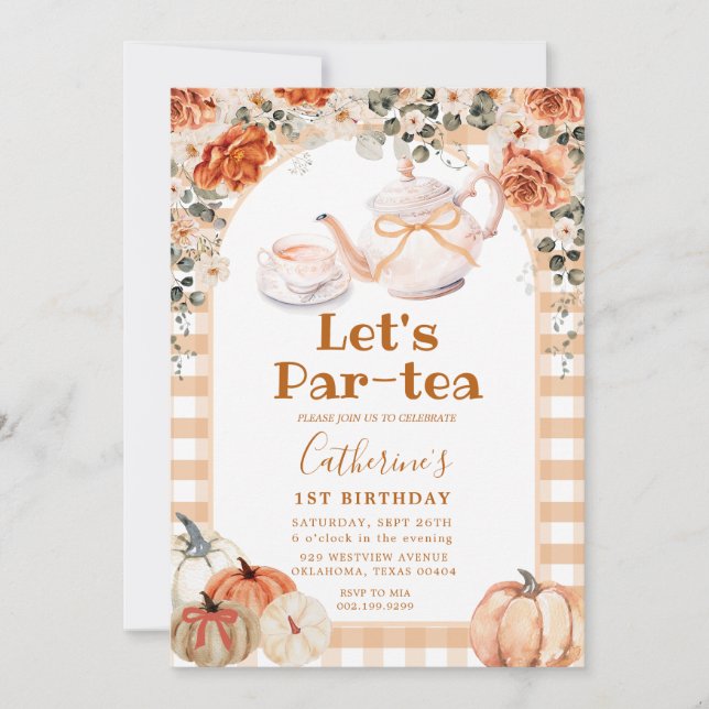 Fall Boho Pumpkin Par-tea Birthday Gingham Invitation (Front)