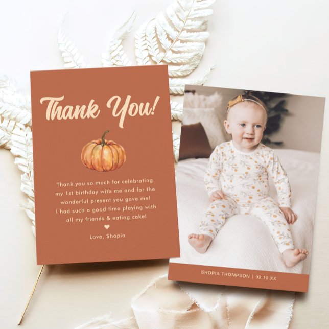 Fall Boho Pumpkin Photo First Birthday Thank You Card (Creator Uploaded)