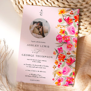 Fall boho red orange floral initials photo wedding invitation
