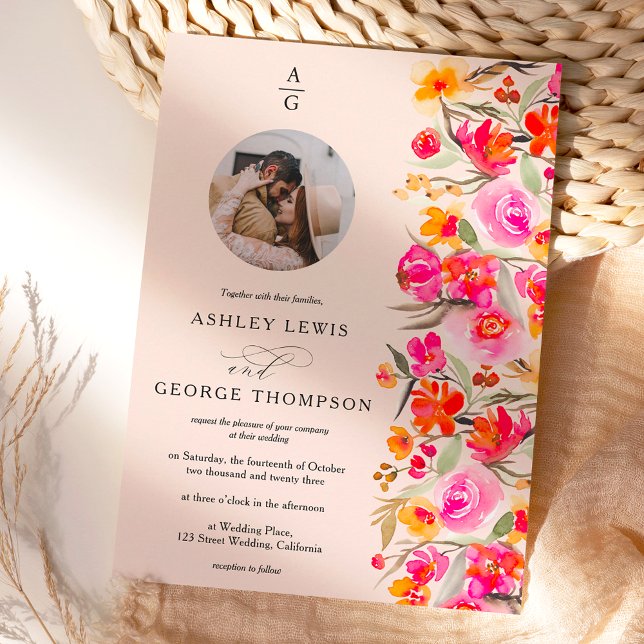 Fall boho red orange floral initials photo wedding invitation (Creator Uploaded)