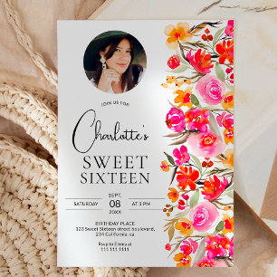 Fall boho red orange floral photo Sweet 16 Invitation