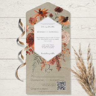 Fall Boho Rust & Peach Floral Frame Sage QR Code All In One Invitation