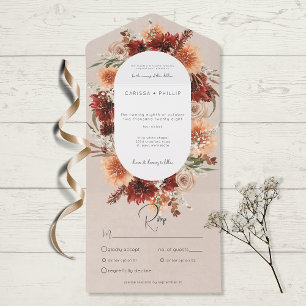 Fall Boho Rust & Peach Floral Oval Beige Dinner All In One Invitation