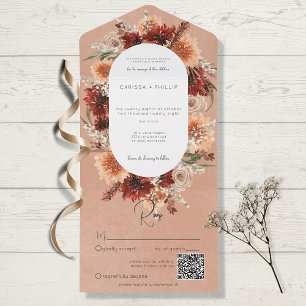 Fall Boho Rust & Peach Floral Oval QR Code All In One Invitation