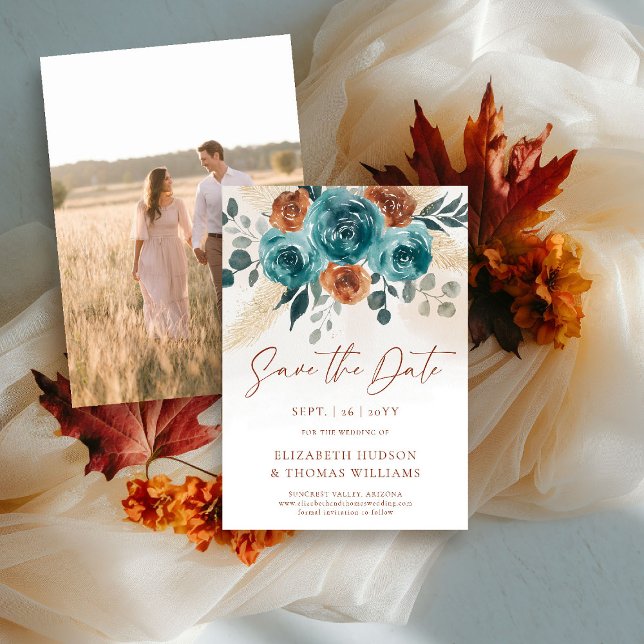 Fall Boho Terracotta Floral Wedding Save the Date (fall wedding save the date engagement photo teal burnt orange terracotta watercolor greenery foliage)