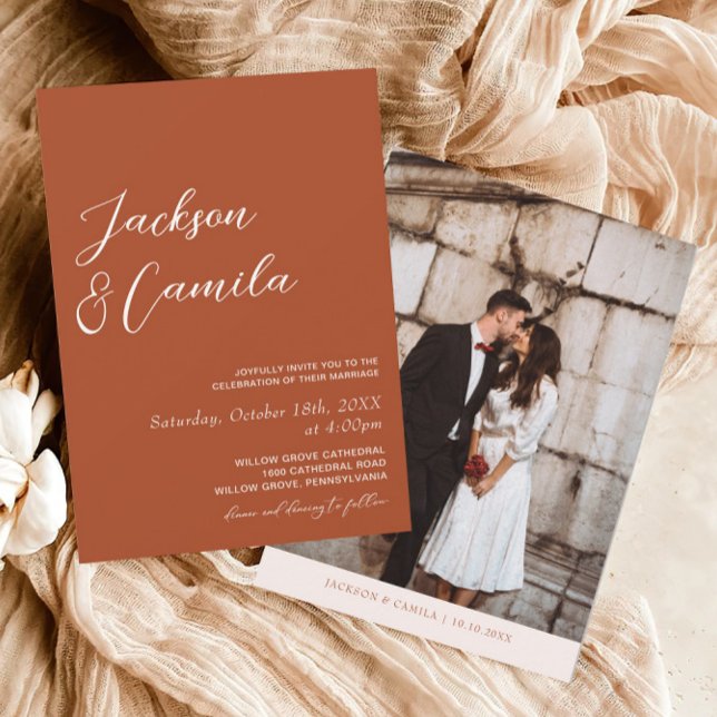 Fall Boho Terracotta Photo Wedding Invitation (Creator Uploaded)