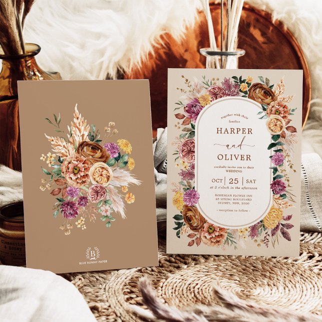 Fall Boho Terracotta Purple Floral Wedding Invitation (Creator Uploaded)