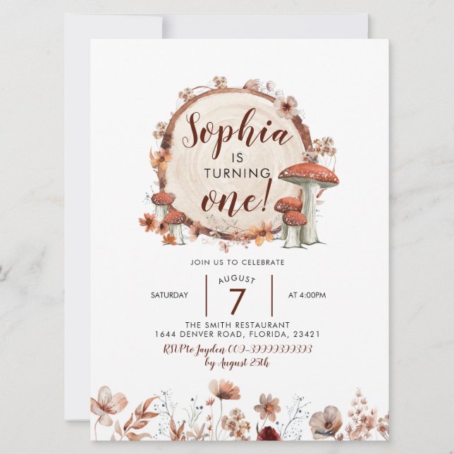 Fall Boho Woodland Mushroom Birthday Invitation (Front)