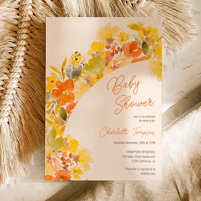 Fall boho yellow flowers script baby shower invitation (Fall boho yellow flowers script baby shower invitation on ivory)